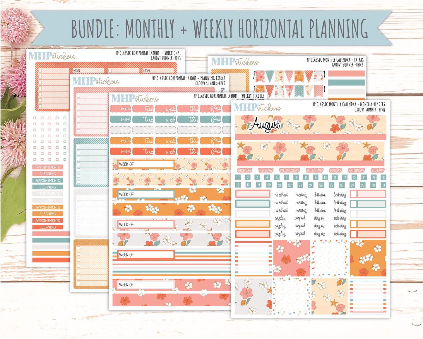 AUGUST Stickers for Happy Planner Classic Horizontal Layout. 2026 Collection. "Groovy Summer" || HPH