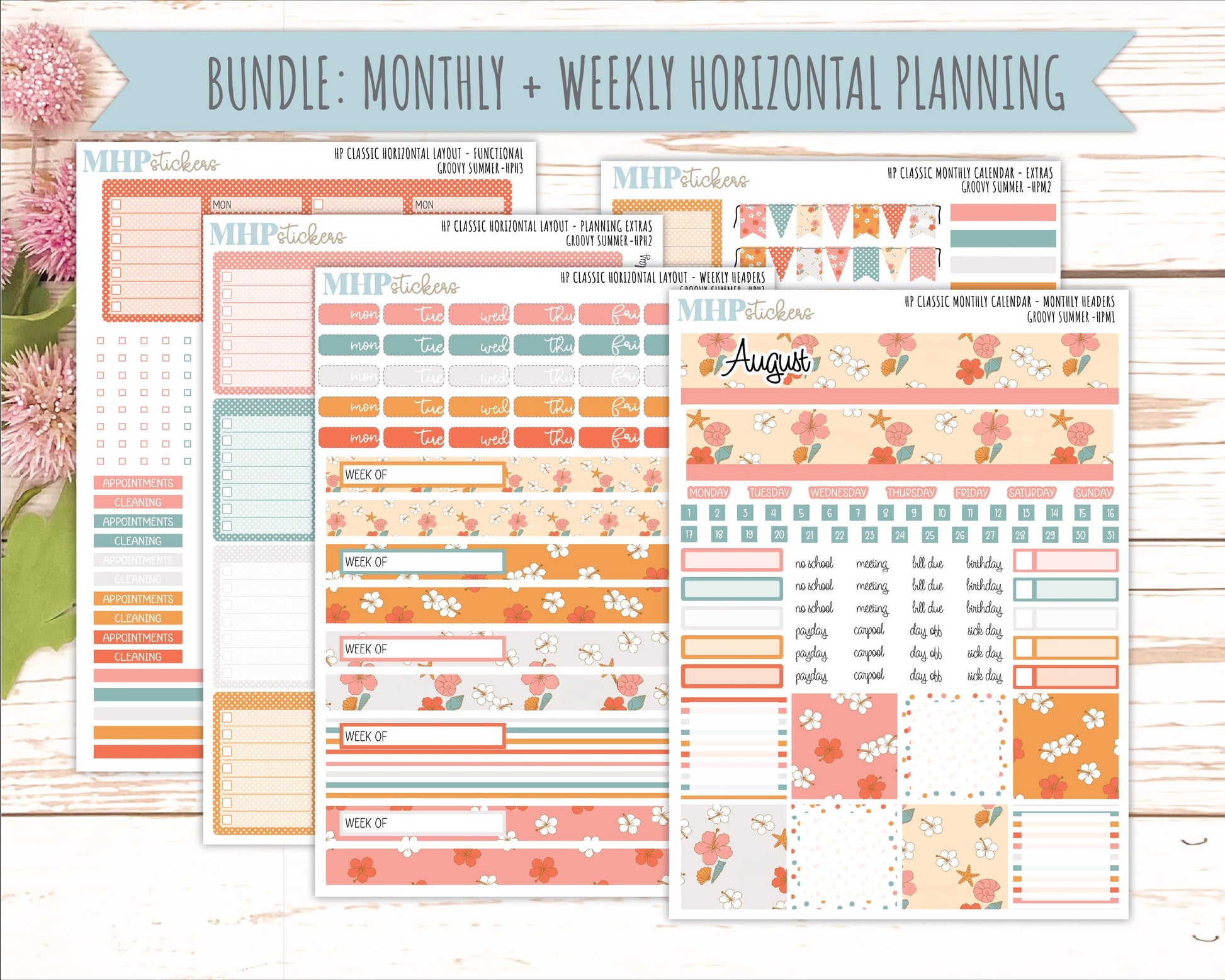 AUGUST Stickers for Happy Planner Classic Horizontal Layout. 2026 Collection. "Groovy Summer" || HPH