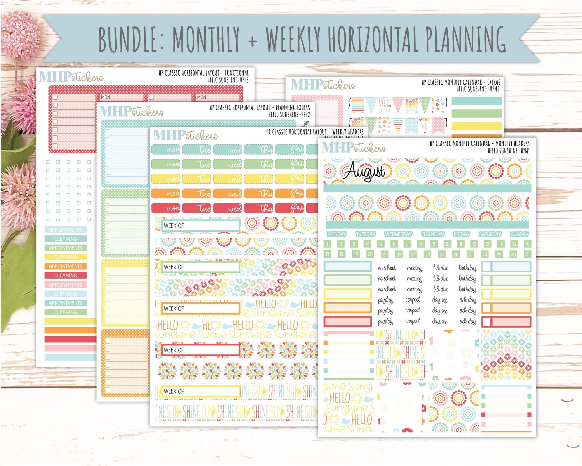 AUGUST Stickers for Happy Planner Classic Horizontal Layout. 2026 Collection. "Hello Sunshine" || HPH
