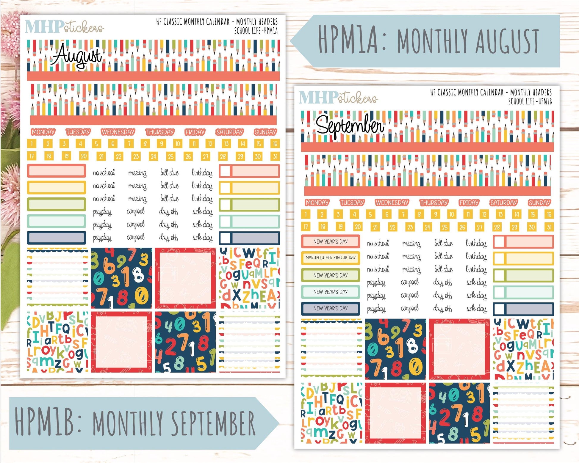 AUGUST & SEPTEMBER Stickers for Happy Planner Classic Horizontal Layout. 2026 Collection. "School Life || HPH