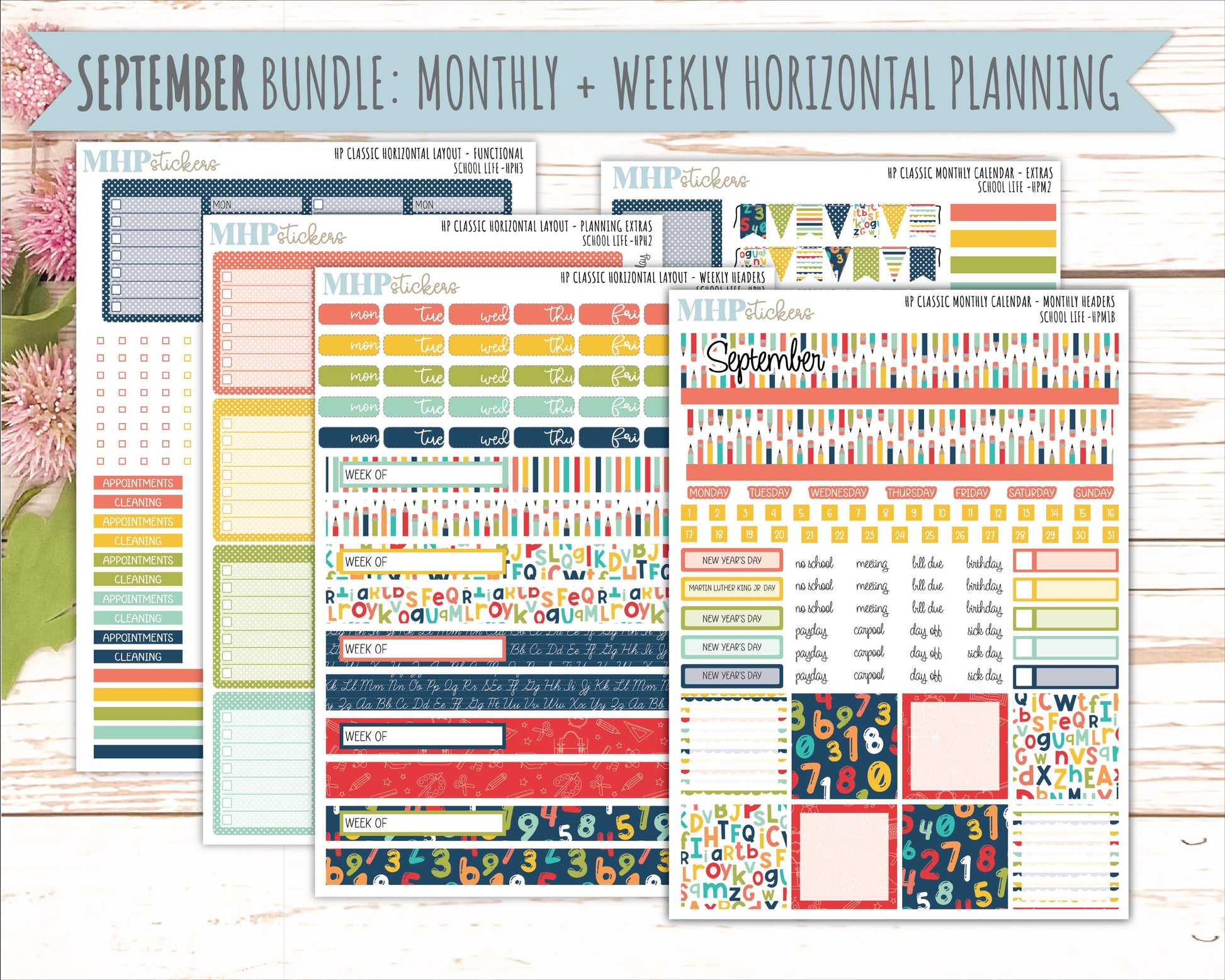 AUGUST & SEPTEMBER Stickers for Happy Planner Classic Horizontal Layout. 2026 Collection. "School Life || HPH
