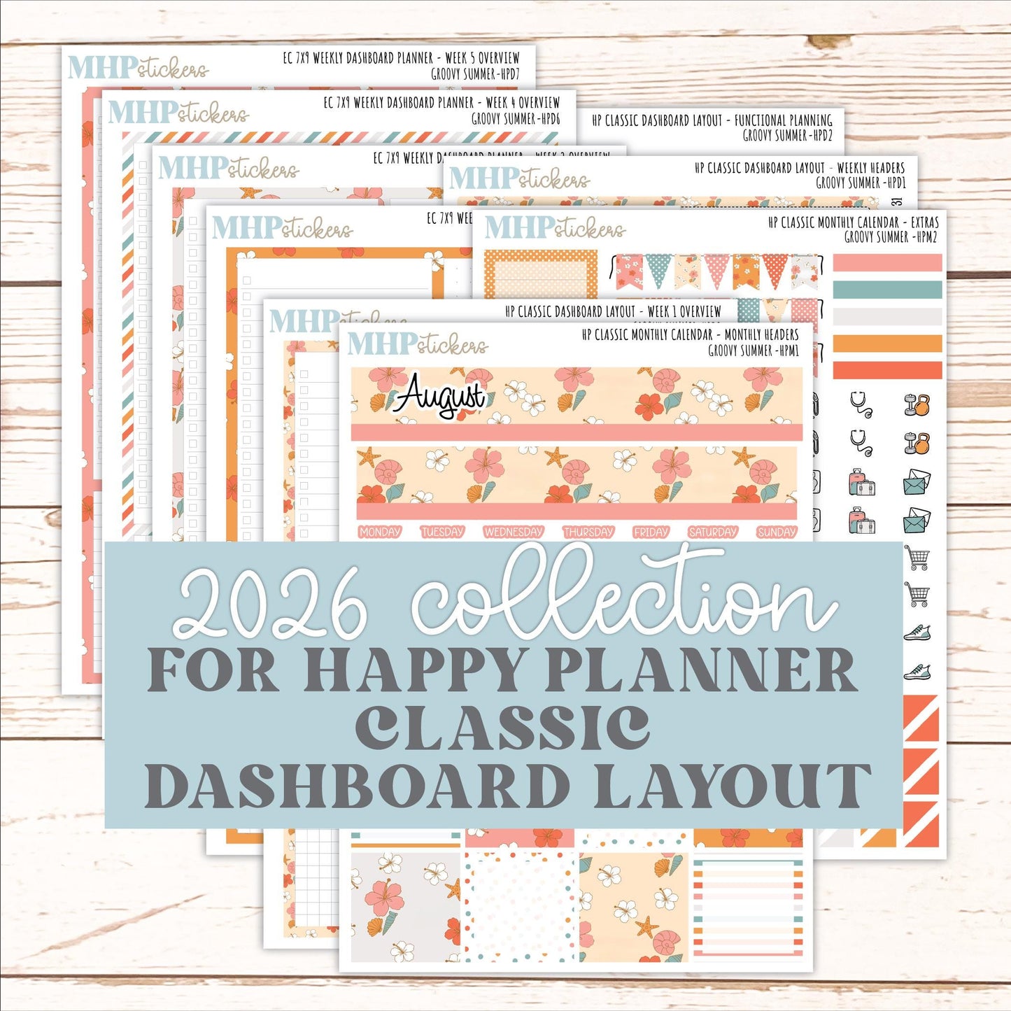 AUGUST Stickers for Happy Planner Classic Dashboard Layout. 2026 Collection. "Groovy Summer" || HPD