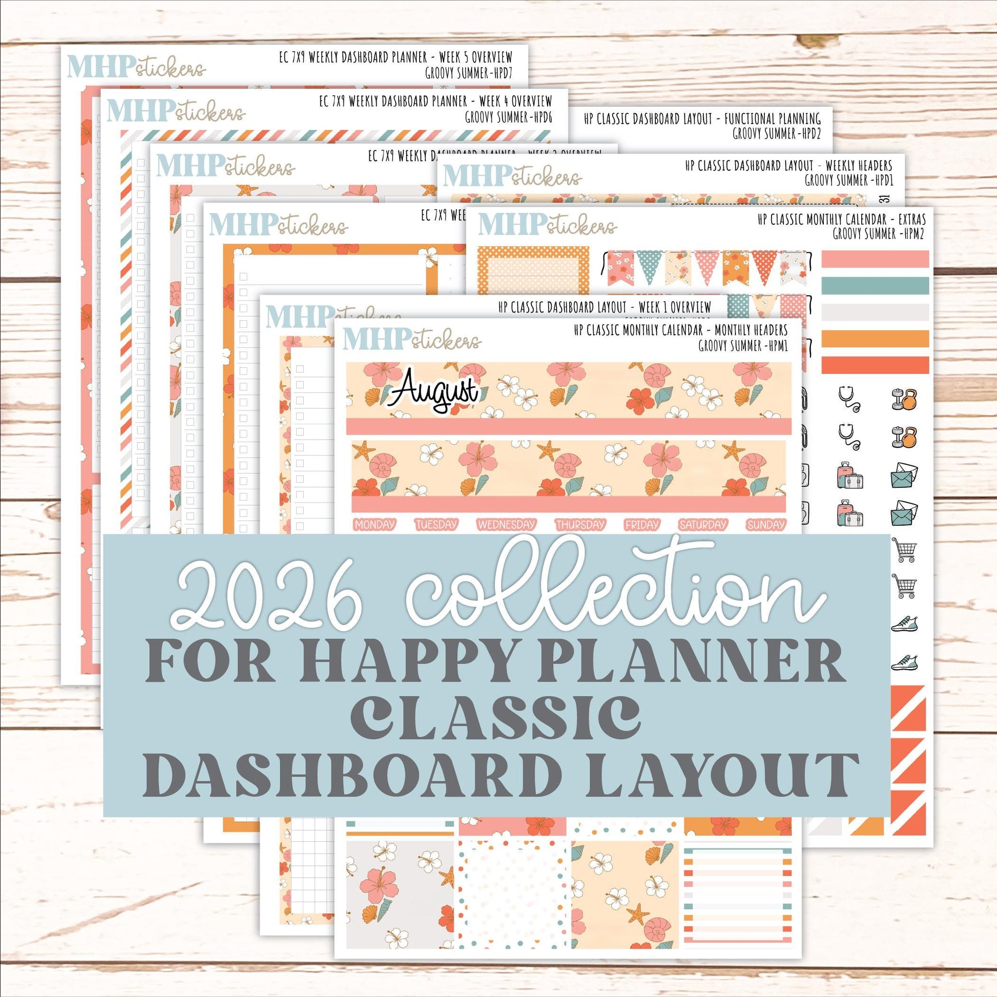 AUGUST Stickers for Happy Planner Classic Dashboard Layout. 2026 Collection. "Groovy Summer" || HPD