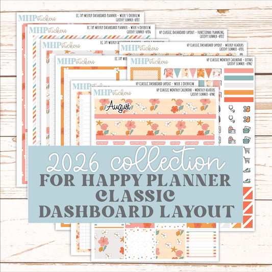 AUGUST Stickers for Happy Planner Classic Dashboard Layout. 2026 Collection. "Groovy Summer" || HPD