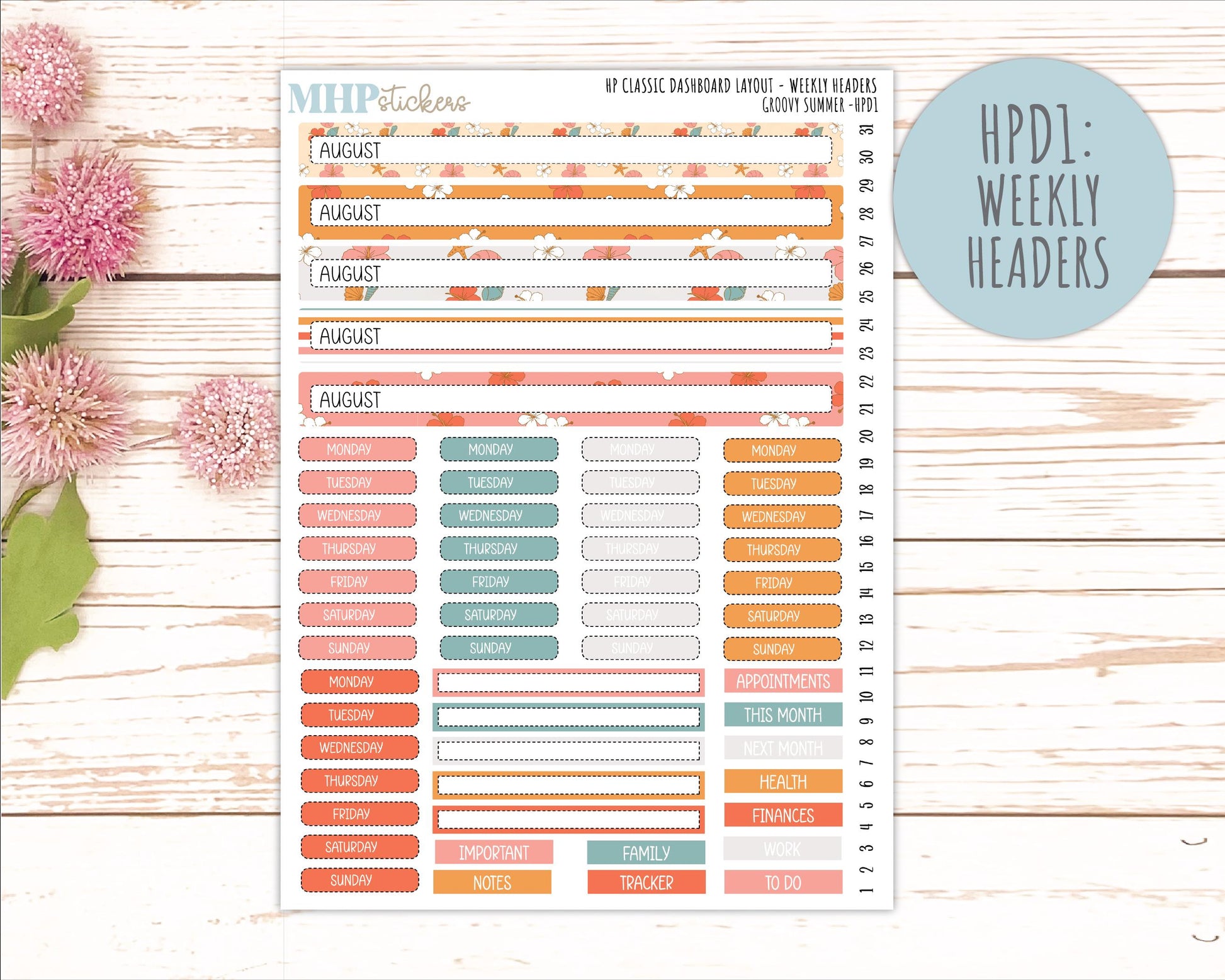 AUGUST Stickers for Happy Planner Classic Dashboard Layout. 2026 Collection. "Groovy Summer" || HPD