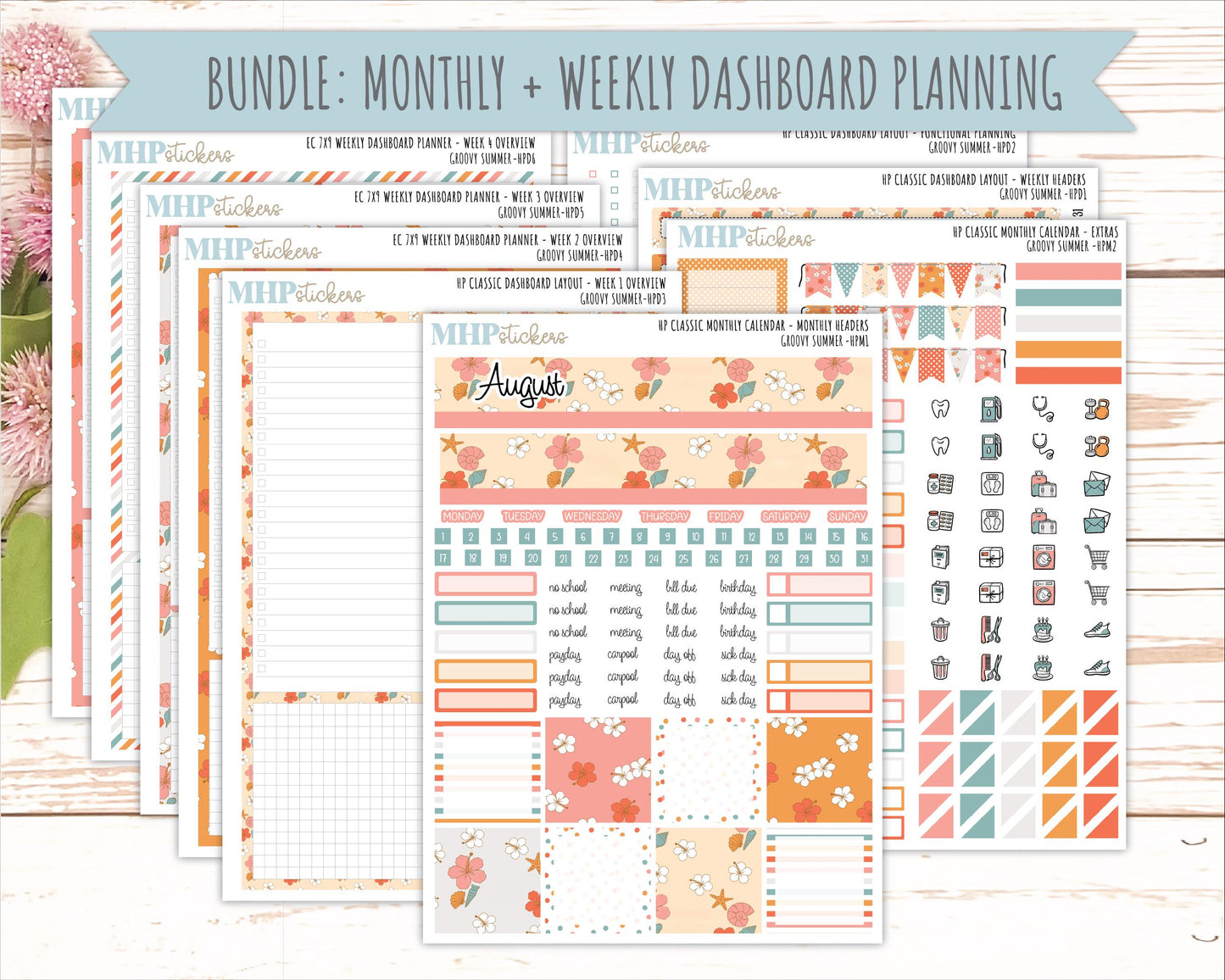 AUGUST Stickers for Happy Planner Classic Dashboard Layout. 2026 Collection. "Groovy Summer" || HPD