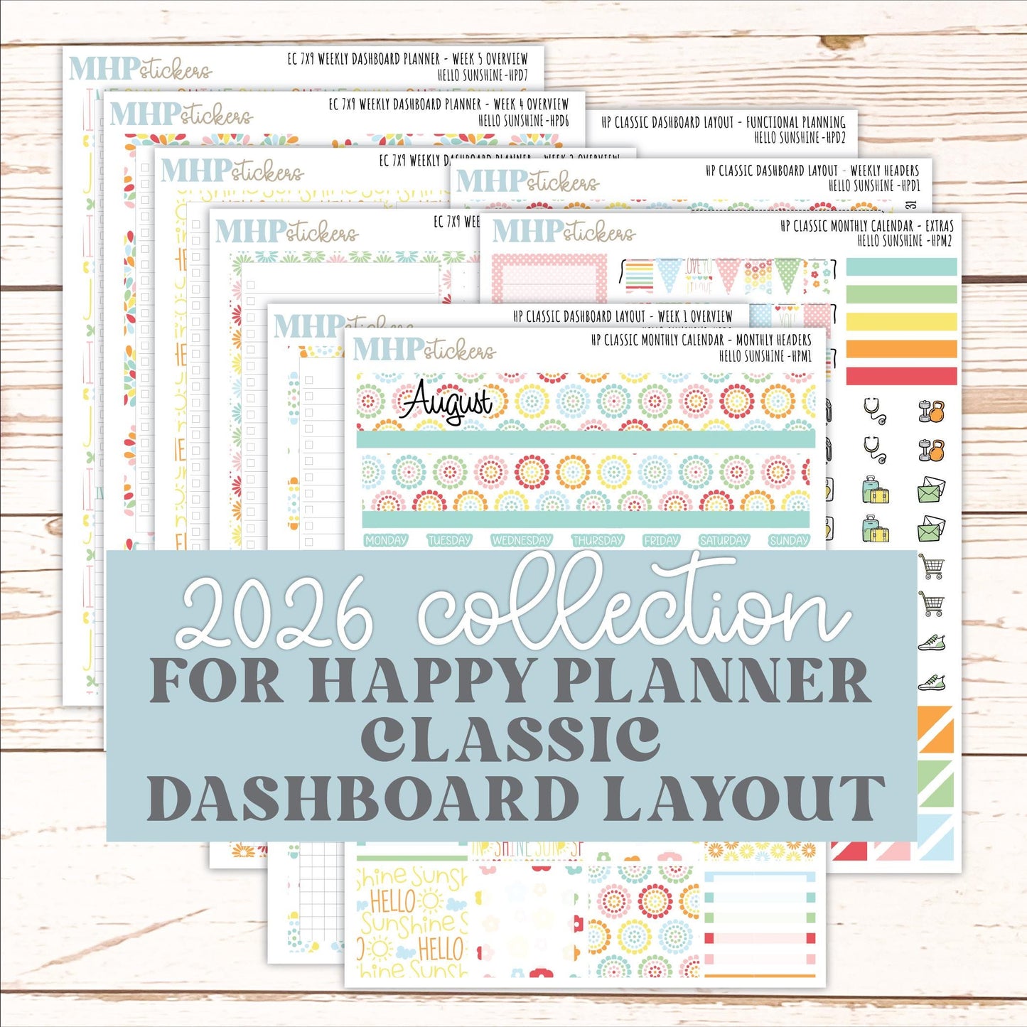 AUGUST Stickers for Happy Planner Classic Dashboard Layout. 2026 Collection. "Hello Sunshine" || HPD