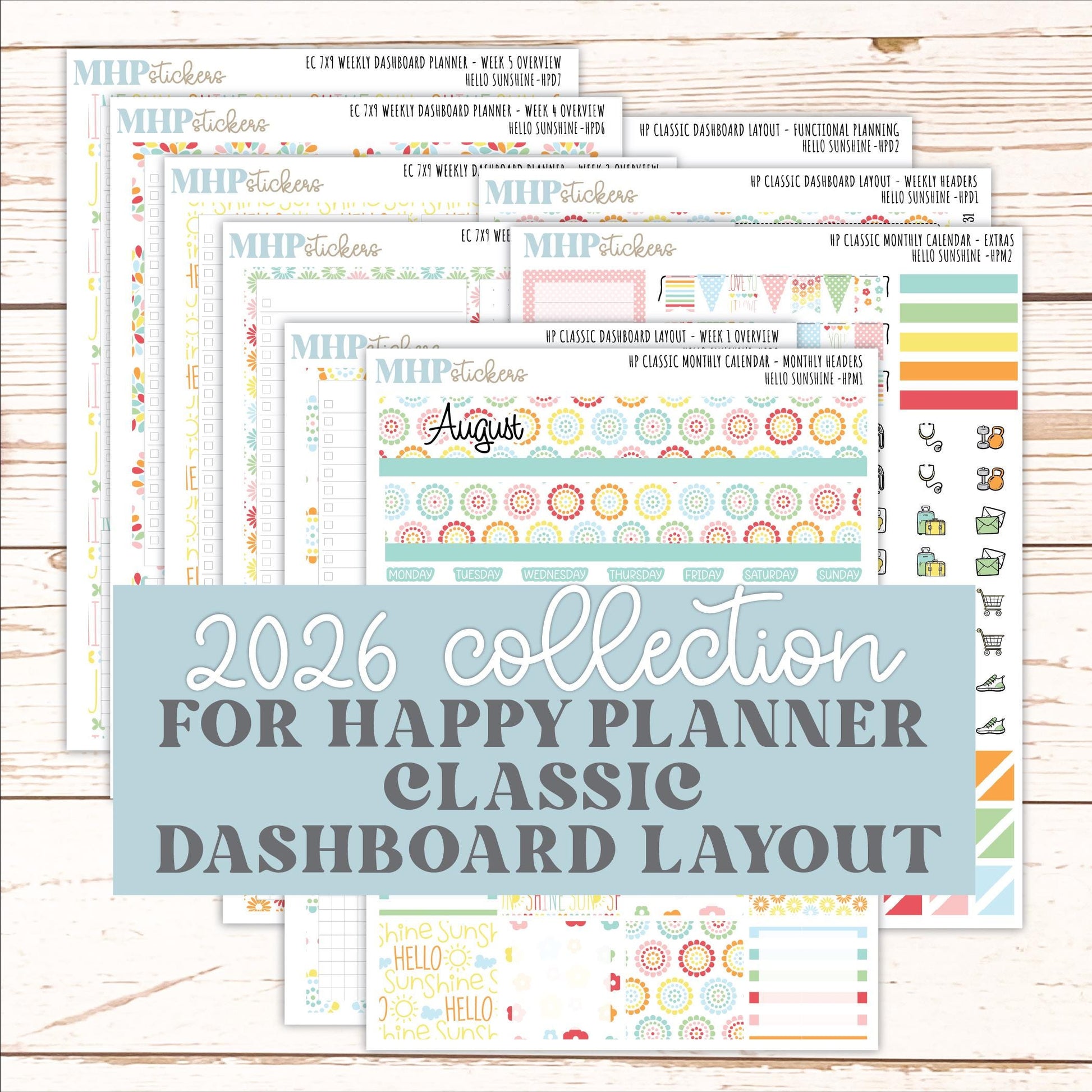 AUGUST Stickers for Happy Planner Classic Dashboard Layout. 2026 Collection. "Hello Sunshine" || HPD