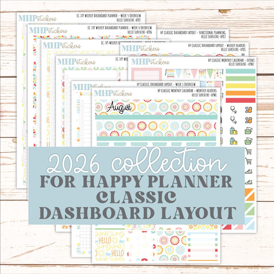 AUGUST Stickers for Happy Planner Classic Dashboard Layout. 2026 Collection. "Hello Sunshine" || HPD