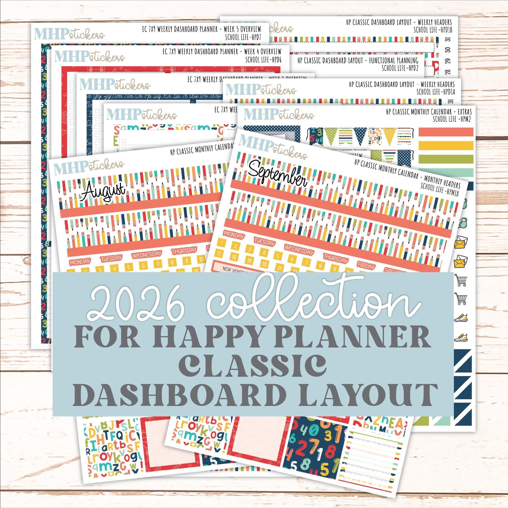 AUGUST & SEPTEMBER Stickers for Happy Planner Classic Dashboard Layout. 2026 Collection. "School Life" || HPD