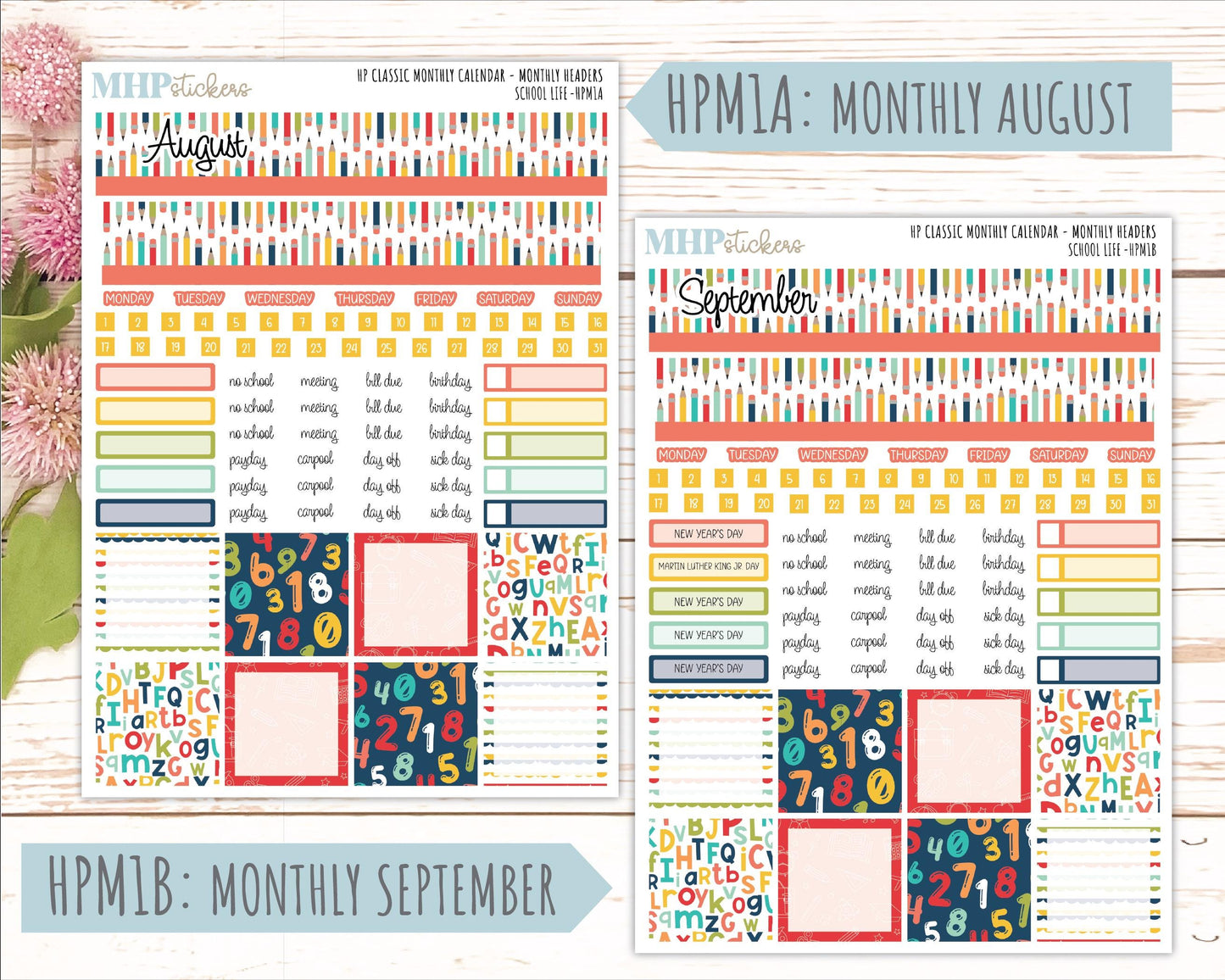 AUGUST & SEPTEMBER Stickers for Happy Planner Classic Dashboard Layout. 2026 Collection. "School Life" || HPD