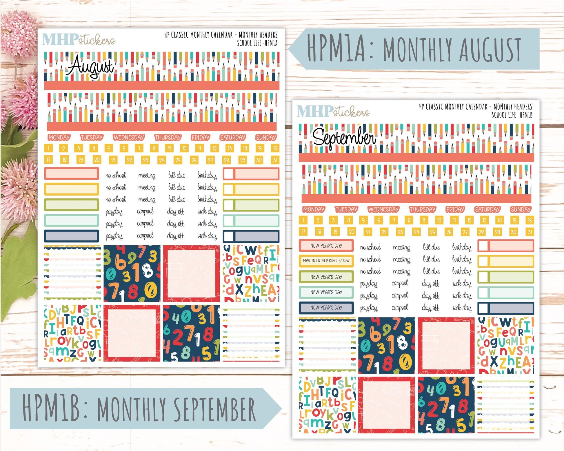 AUGUST & SEPTEMBER Stickers for Happy Planner Classic Dashboard Layout. 2026 Collection. "School Life" || HPD