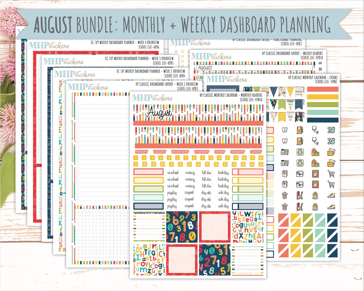 AUGUST & SEPTEMBER Stickers for Happy Planner Classic Dashboard Layout. 2026 Collection. "School Life" || HPD
