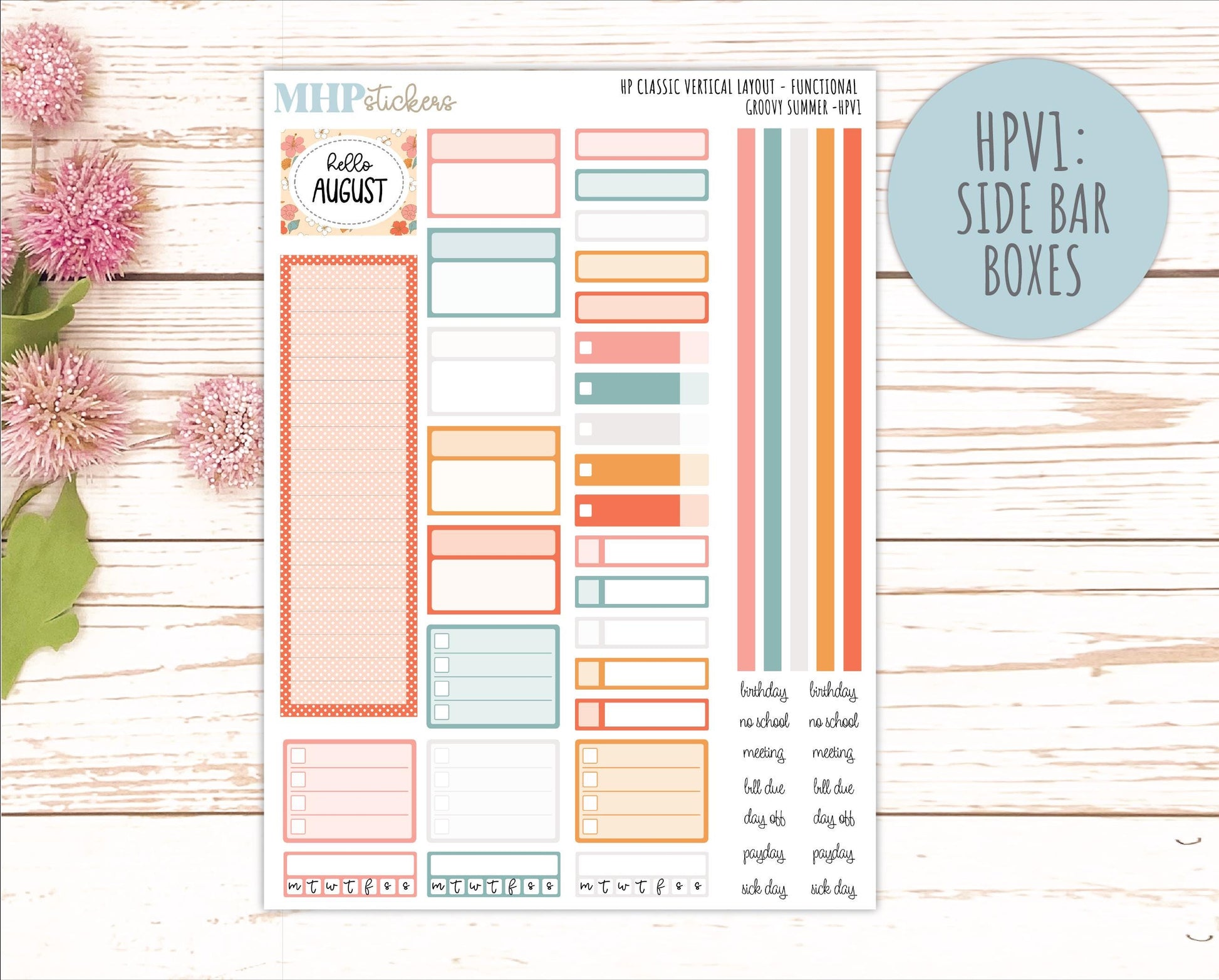 AUGUST Stickers for Happy Planner Classic Vertical Layout. 2026 Collection. "Groovy Summer" || HPV