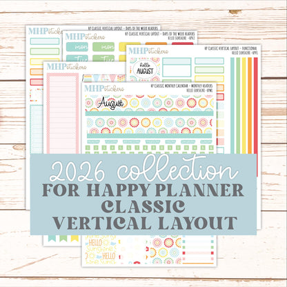 AUGUST Stickers for Happy Planner Classic Vertical Layout. 2026 Collection. "Hello Sunshine" || HPV