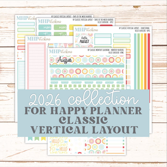 AUGUST Stickers for Happy Planner Classic Vertical Layout. 2026 Collection. "Hello Sunshine" || HPV