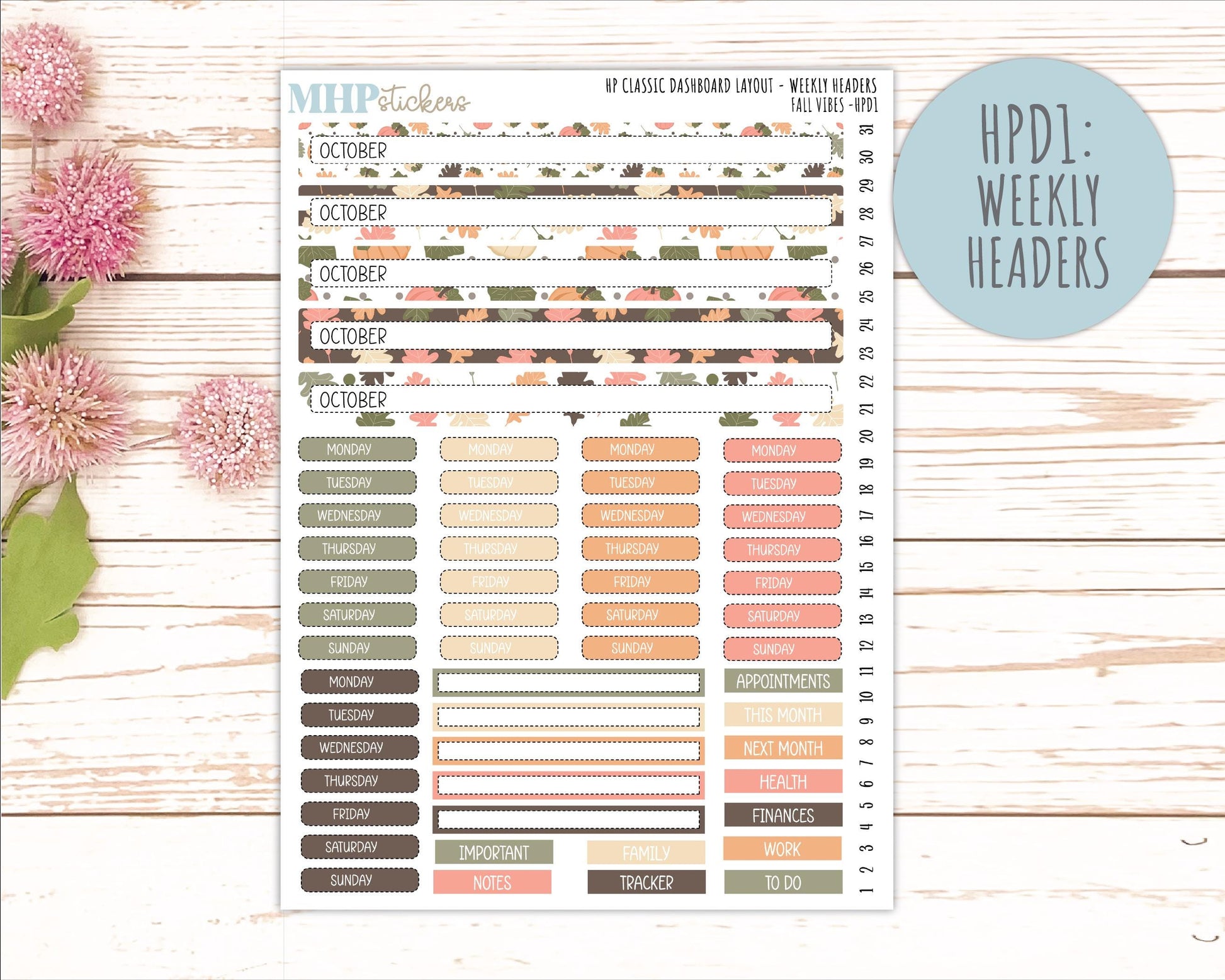 OCTOBER Stickers for Happy Planner Classic Dashboard Layout. 2026 Collection. "Fall Vibes" || HPD