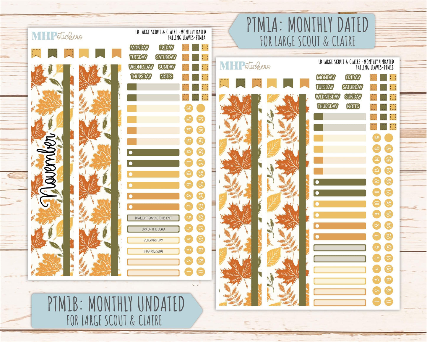 NOVEMBER 2026 Stickers for the Large Scout, Large Claire, and Large Luna Laurel Denise Planners "Falling Leaves" || PT