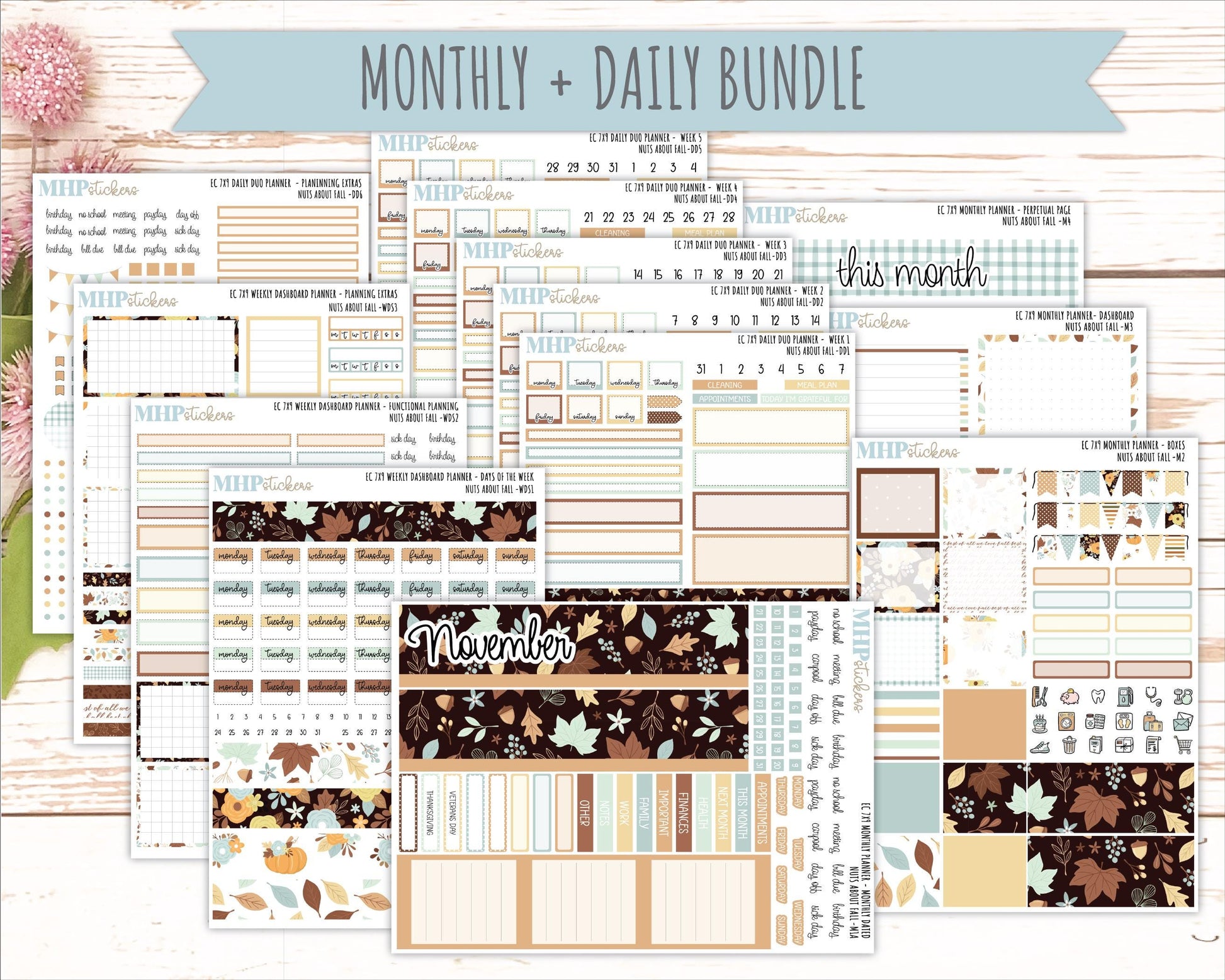 NOVEMBER Daily Duo Sticker Kit for 7x9 Erin Condren Planners. 2026 Collection "Nuts About Fall" || ECDD