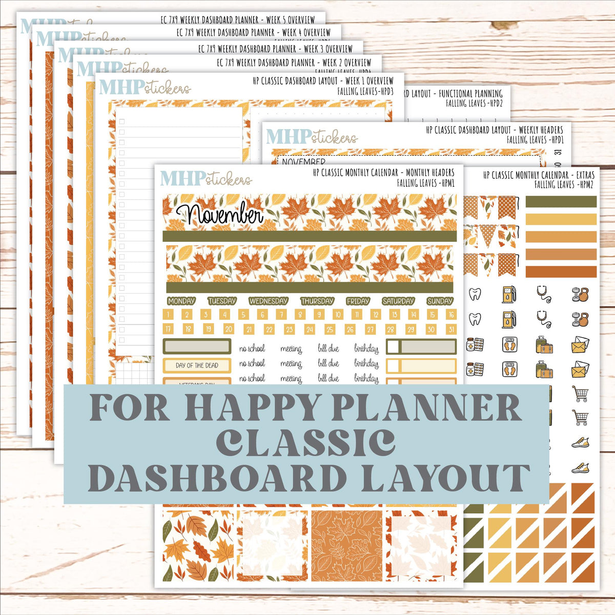 NOVEMBER Stickers for Happy Planner Classic Dashboard Layout. 2026 Collection. "Falling Leaves" || HPD