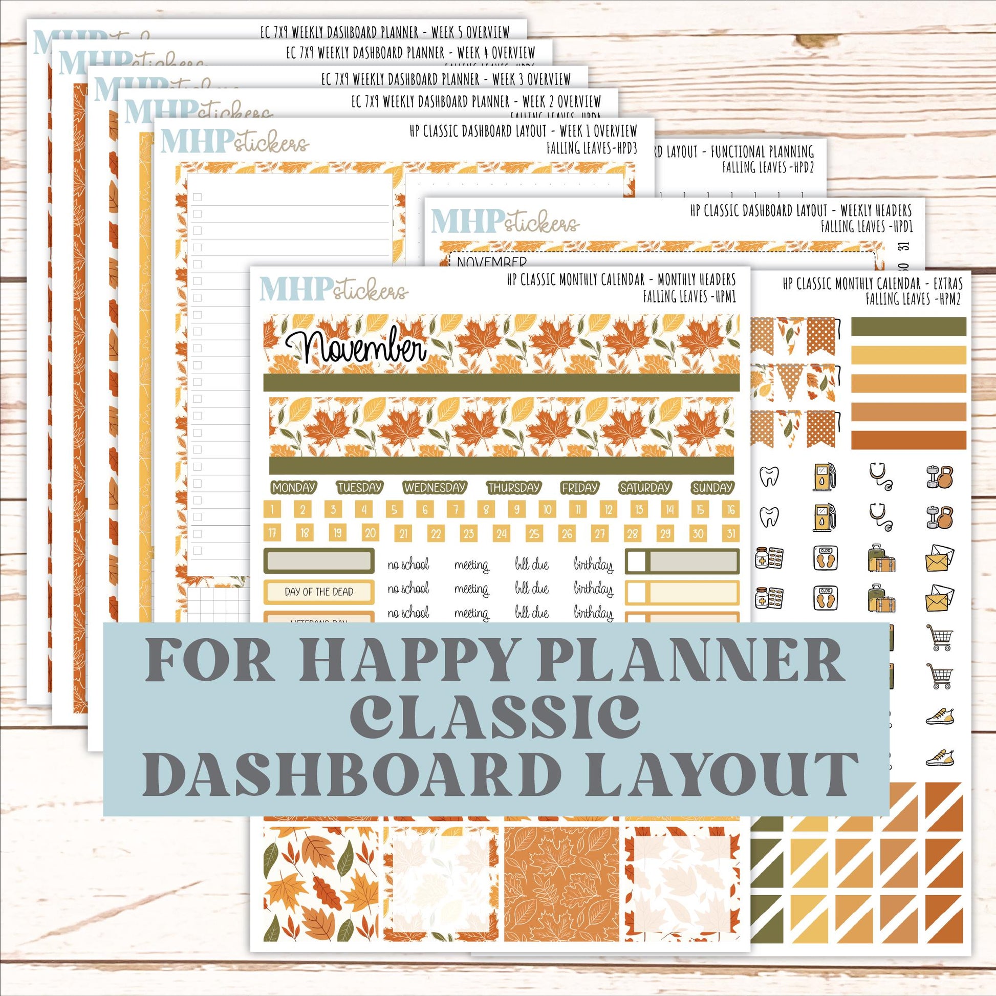 NOVEMBER Stickers for Happy Planner Classic Dashboard Layout. 2026 Collection. "Falling Leaves" || HPD
