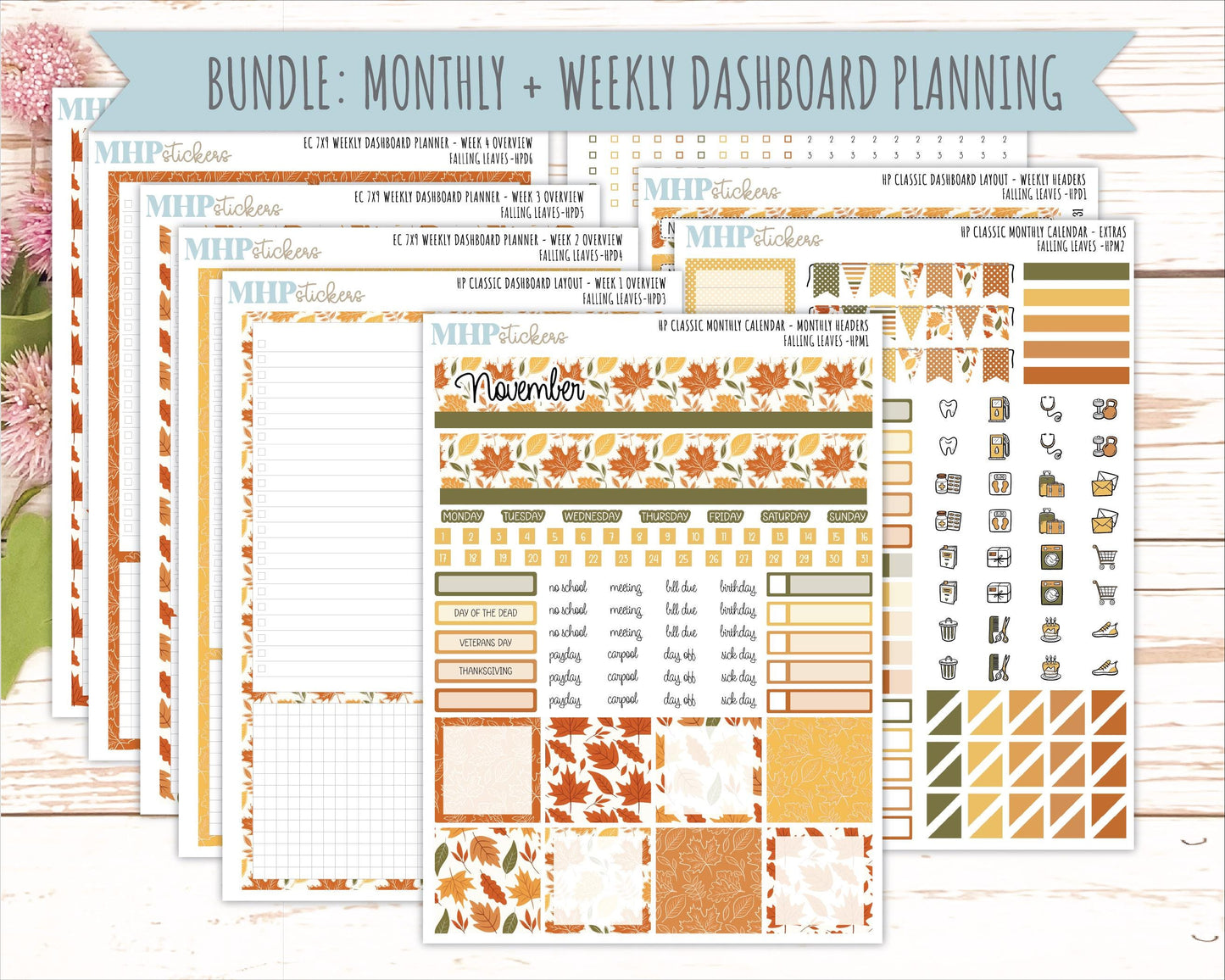 NOVEMBER Stickers for Happy Planner Classic Dashboard Layout. 2026 Collection. "Falling Leaves" || HPD