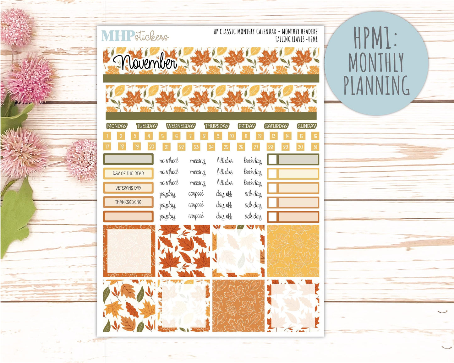 NOVEMBER Stickers for Happy Planner Classic Horizontal Layout. 2026 Collection. "Falling Leavest" || HPH