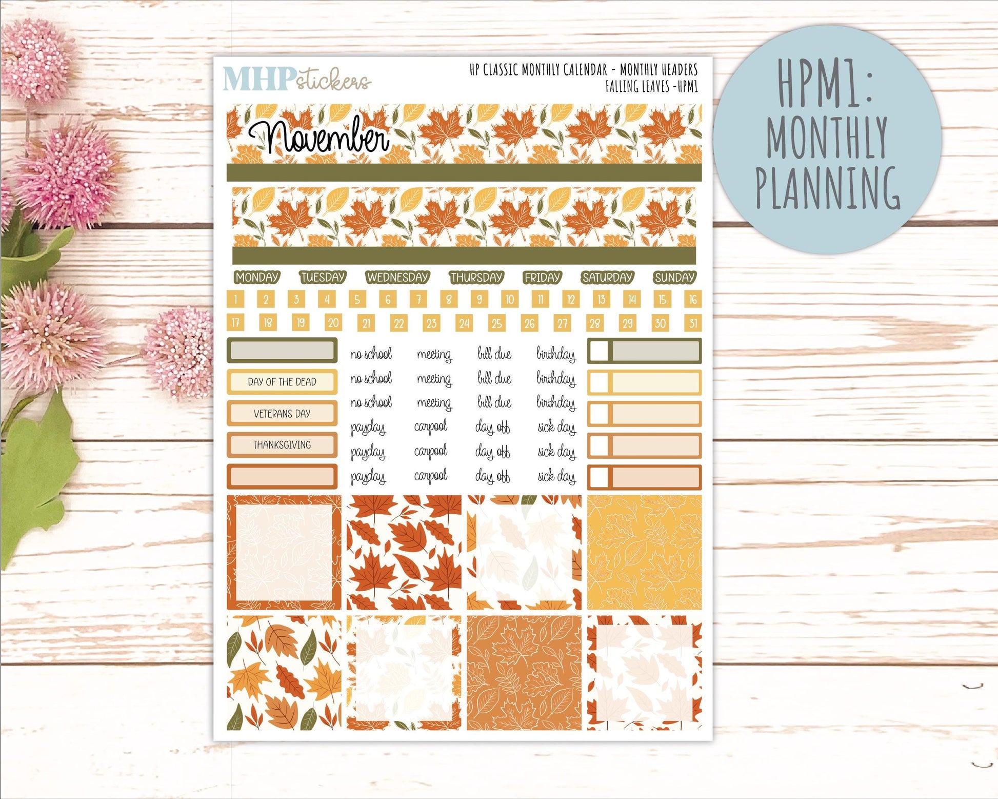 NOVEMBER Stickers for Happy Planner Classic Horizontal Layout. 2026 Collection. "Falling Leavest" || HPH