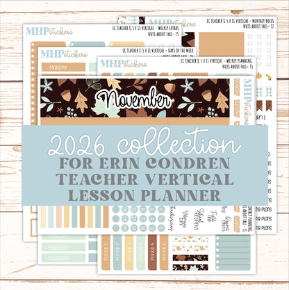 NOVEMBER Stickers for EC Teacher Lesson Planner - Vertical Layout. 2026 Collection "Nuts About Fall" || ECTV