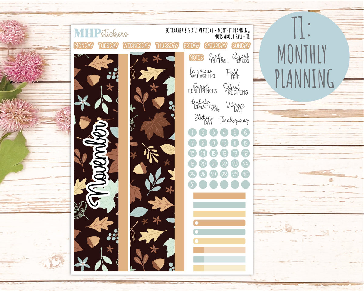 NOVEMBER Stickers for EC Teacher Lesson Planner - Vertical Layout. 2026 Collection "Nuts About Fall" || ECTV