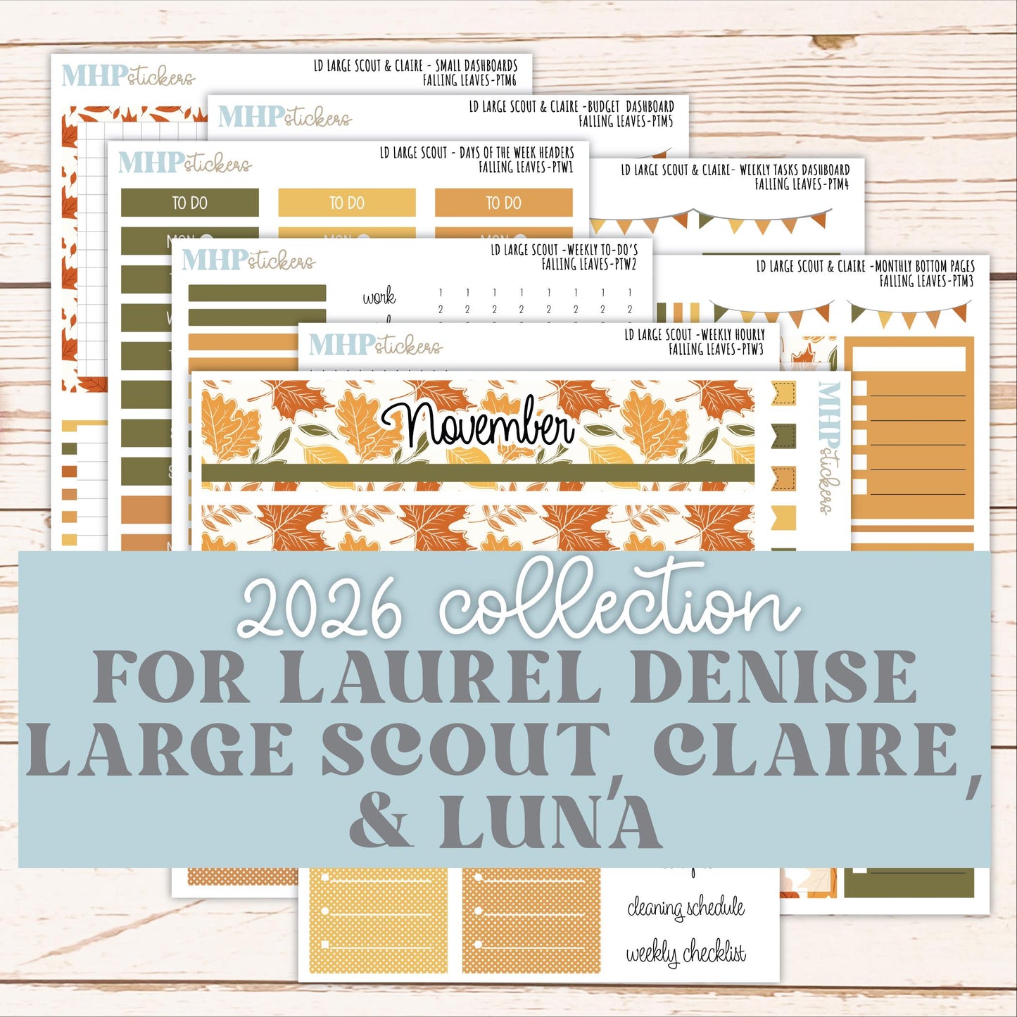 NOVEMBER 2026 Stickers for the Large Scout, Large Claire, and Large Luna Laurel Denise Planners "Falling Leaves" || PT