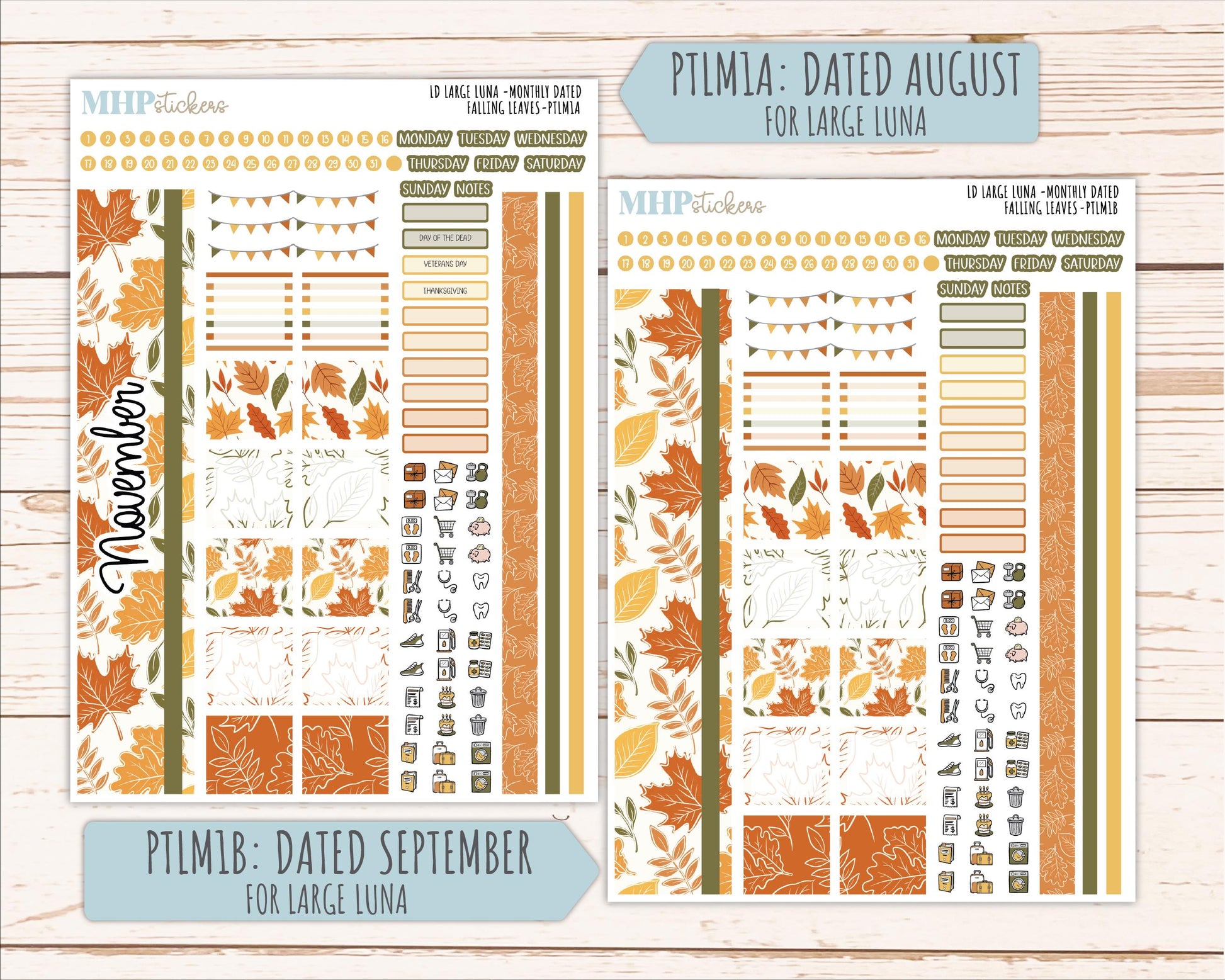 NOVEMBER 2026 Stickers for the Large Scout, Large Claire, and Large Luna Laurel Denise Planners "Falling Leaves" || PT