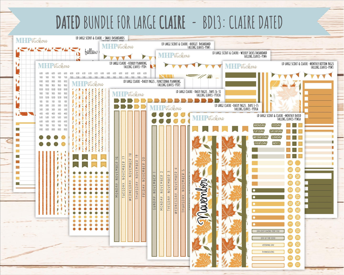 NOVEMBER 2026 Stickers for the Large Scout, Large Claire, and Large Luna Laurel Denise Planners "Falling Leaves" || PT