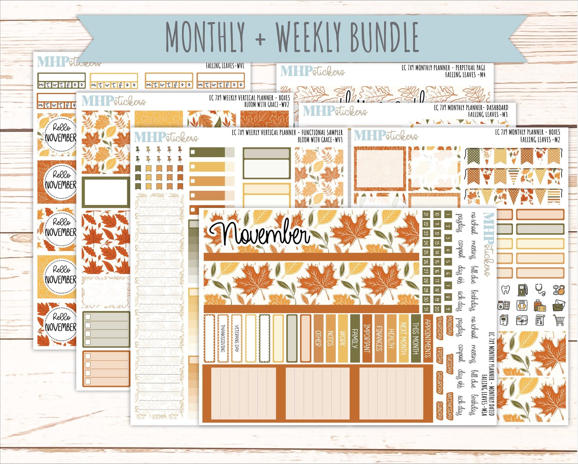 NOVEMBER Weekly Vertical Kits for 7x9 Erin Condren Planners. 2026 Collection "Falling Leaves" || ECWV