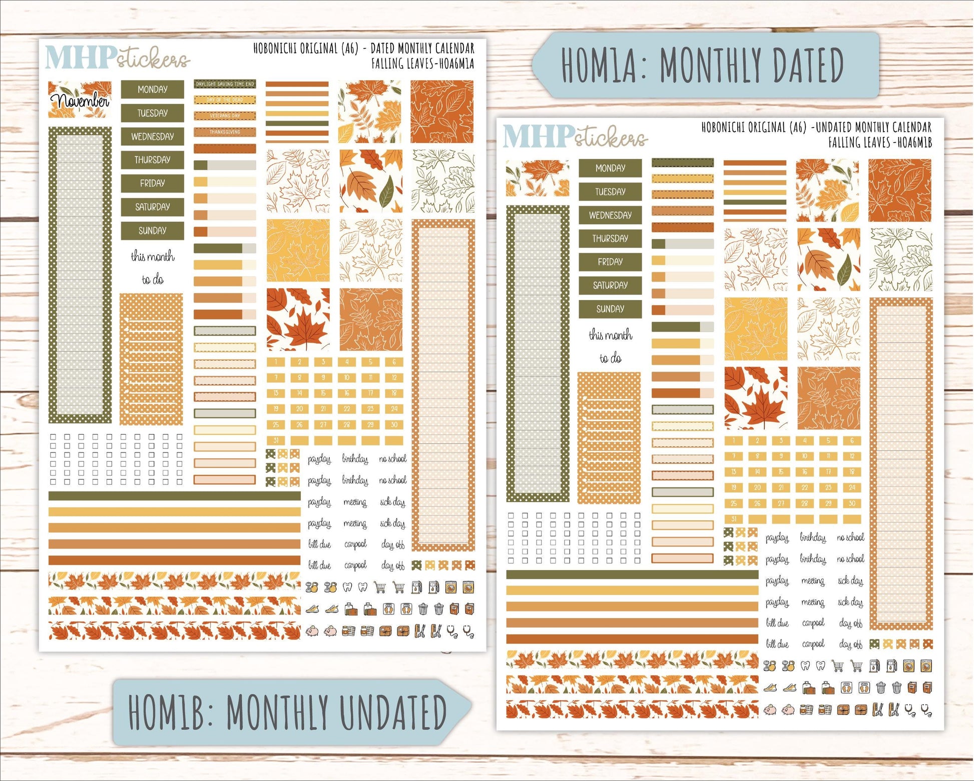 NOVEMBER 2026 Stickers for Hobonichi Techo Original. A6 Planners "Falling Leaves" || HO
