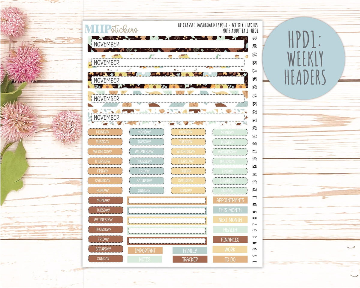 NOVEMBER Stickers for Happy Planner Classic Dashboard Layout. 2026 Collection. "Nuts About Fall || HPD