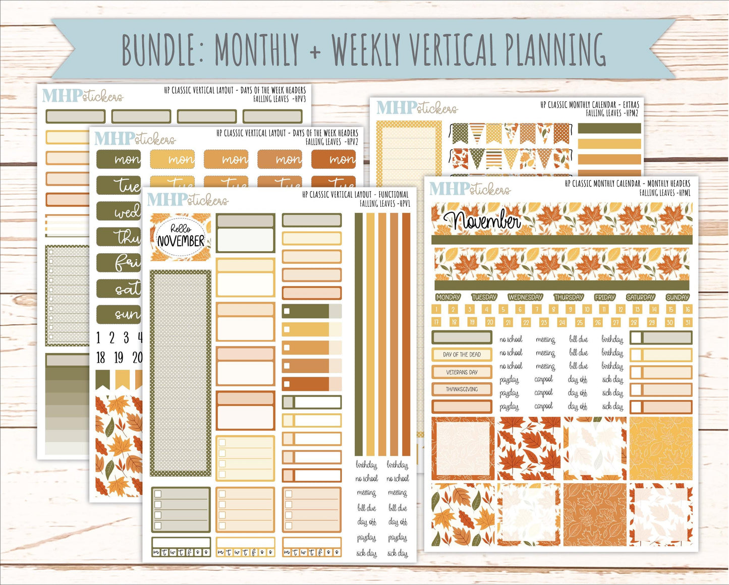 NOVEMBER Stickers for Happy Planner Classic Vertical Layout. 2026 Collection. "Falling Leaves" || HPV