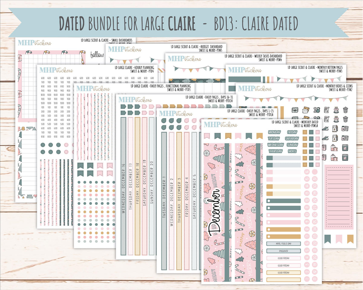 DECEMBER 2026 Stickers for the Large Scout, Large Claire, and Large Luna Laurel Denise Planners "Sweet & Merry" || PT