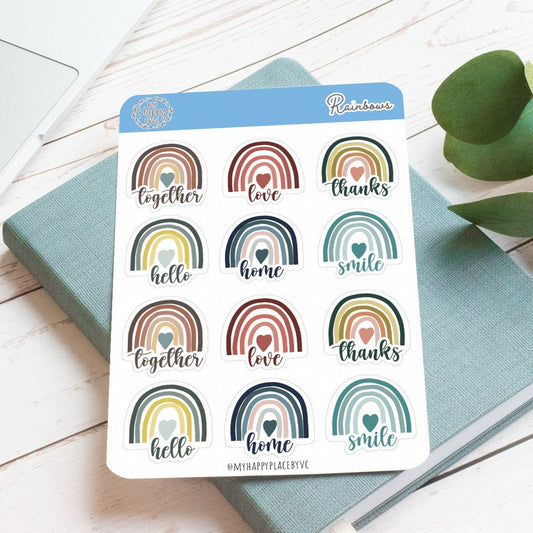 Rainbow Sticker Sheet. Planner Stickers with Friendly Words for Bullet Journals, Planners, Notes,  and College Planners  || HO903