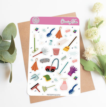 Cleaning Time Sticker Sheet. Planner Stickers, for Bullet Journals, Calendar and Scrapbooking. Vacuum, Broom, and Glove Stickers || HO919