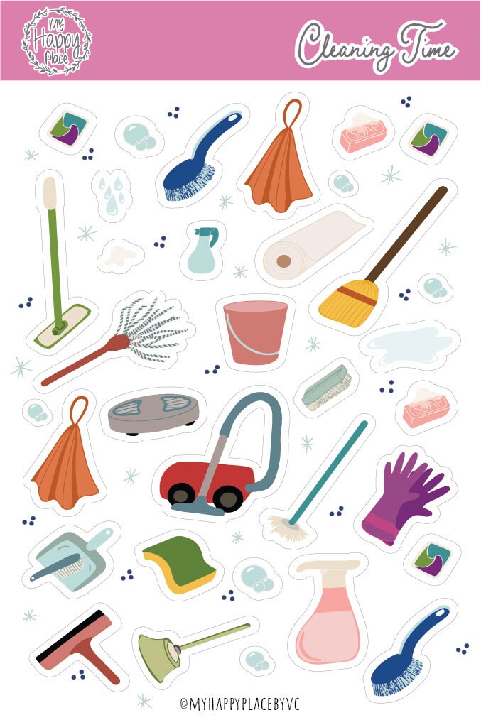 Cleaning Time Sticker Sheet. Planner Stickers, for Bullet Journals, Calendar and Scrapbooking. Vacuum, Broom, and Glove Stickers || HO919