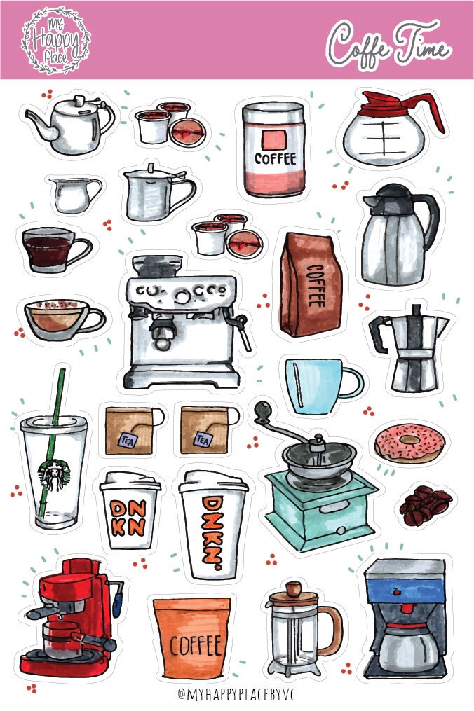 Coffee Time Stickers Sheet. Planner Stickers for College Planners, Bullet Journals, Scrapbooking, and Teacher Planners || HO918