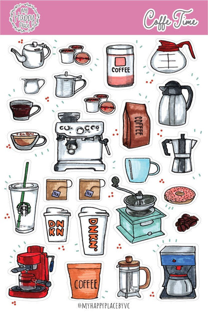 Coffee Time Stickers Sheet. Planner Stickers for College Planners, Bullet Journals, Scrapbooking, and Teacher Planners || HO918