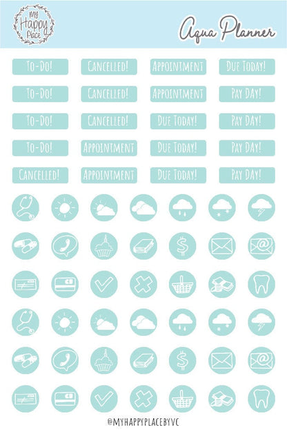 Aqua Planner Stickers for Bullet Journals and Planners || H512-AQA