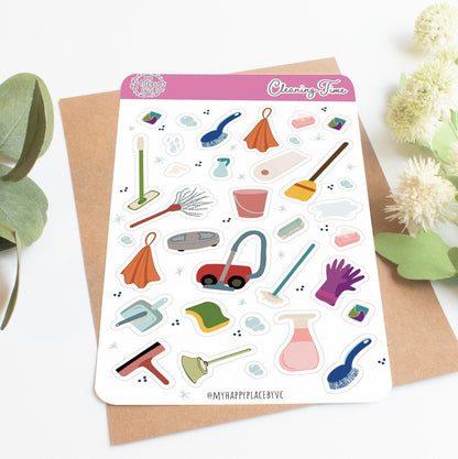 Cleaning Time Sticker Sheet. Planner Stickers, for Bullet Journals, Calendar and Scrapbooking. Vacuum, Broom, and Glove Stickers || HO919