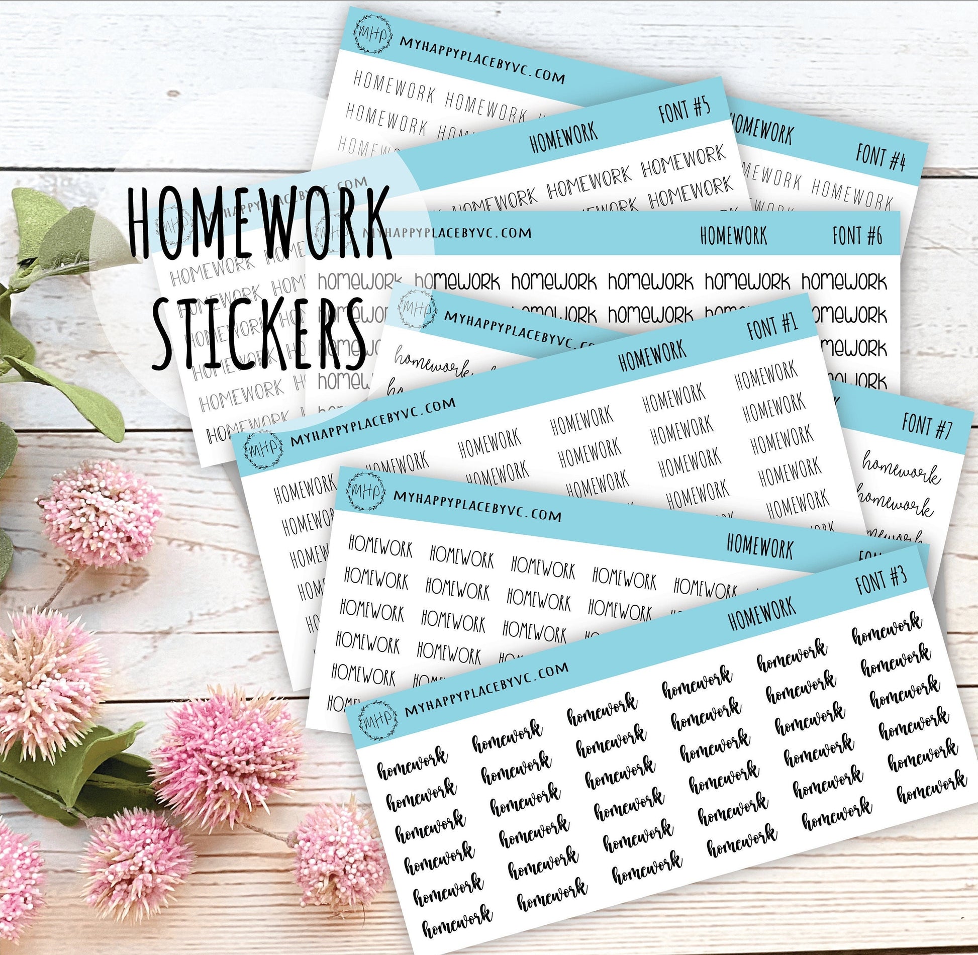 HOMEWORK Stickers for College Planner, Calendars, Teacher Planner, and Bullet Journals. 7 Fonts to Choose From || T311