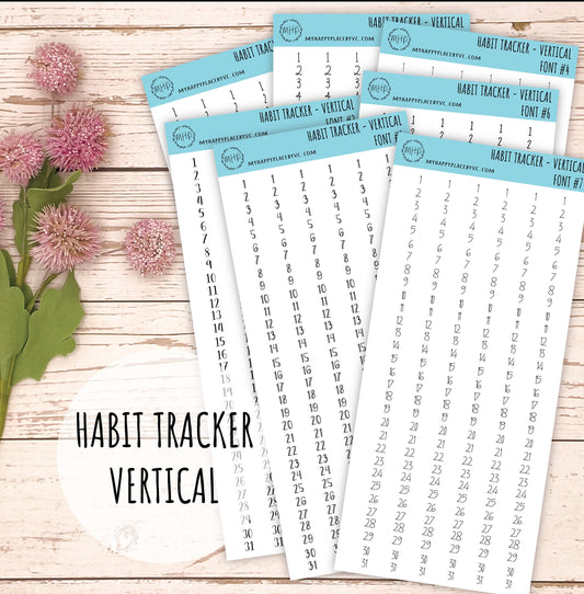 Habit Tracker Stickers for College Planners, Organizers and Bullet Journals. Vertical Number Strips. 7 Fonts to Choose From || T306
