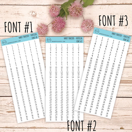 Habit Tracker Stickers for College Planners, Organizers and Bullet Journals. Vertical Number Strips. 7 Fonts to Choose From || T306