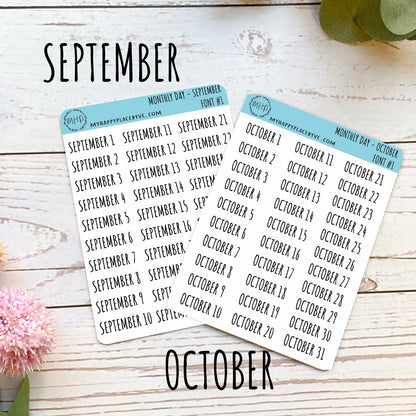 Days of the Year Planner Stickers. Month & Number Day for Planners and Bullet Journals.  || Q104