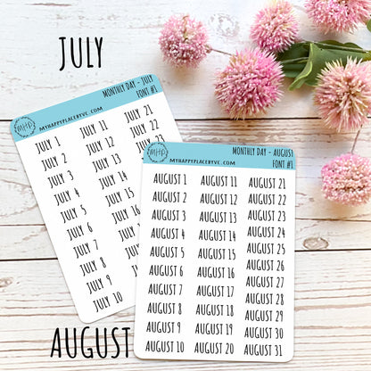 Days of the Year Planner Stickers. Month & Number Day for Planners and Bullet Journals.  || Q104